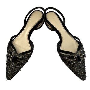 Zara Woman Black Tweed Jeweled Slingback Flats Gold Metallic Heel Sz EU 37/US 7